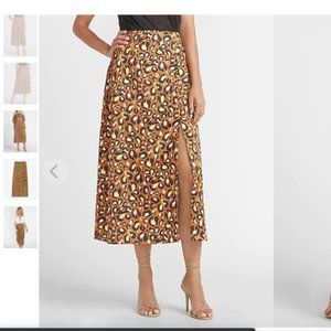 LadyGang High Waisted Satin Leopard Midi Skirt